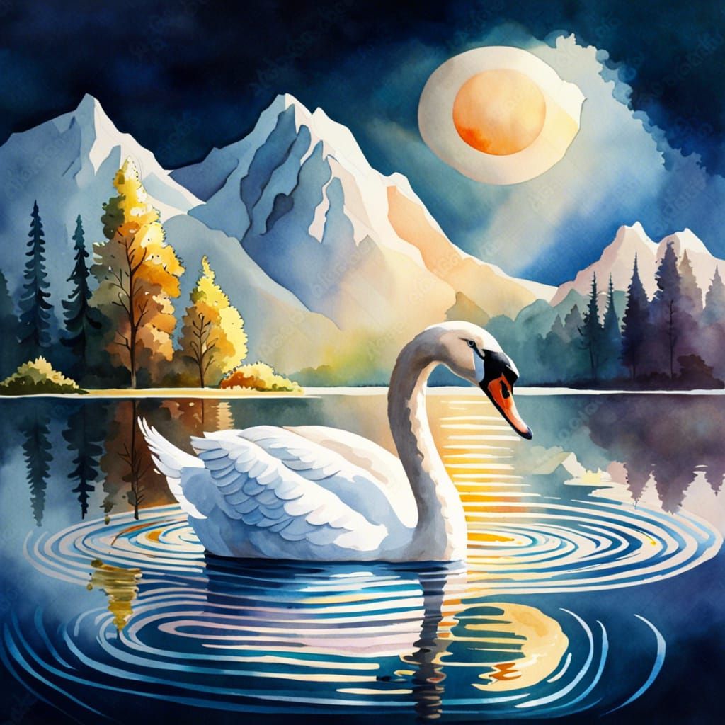Swan on Lake in Watercolor Painting Style