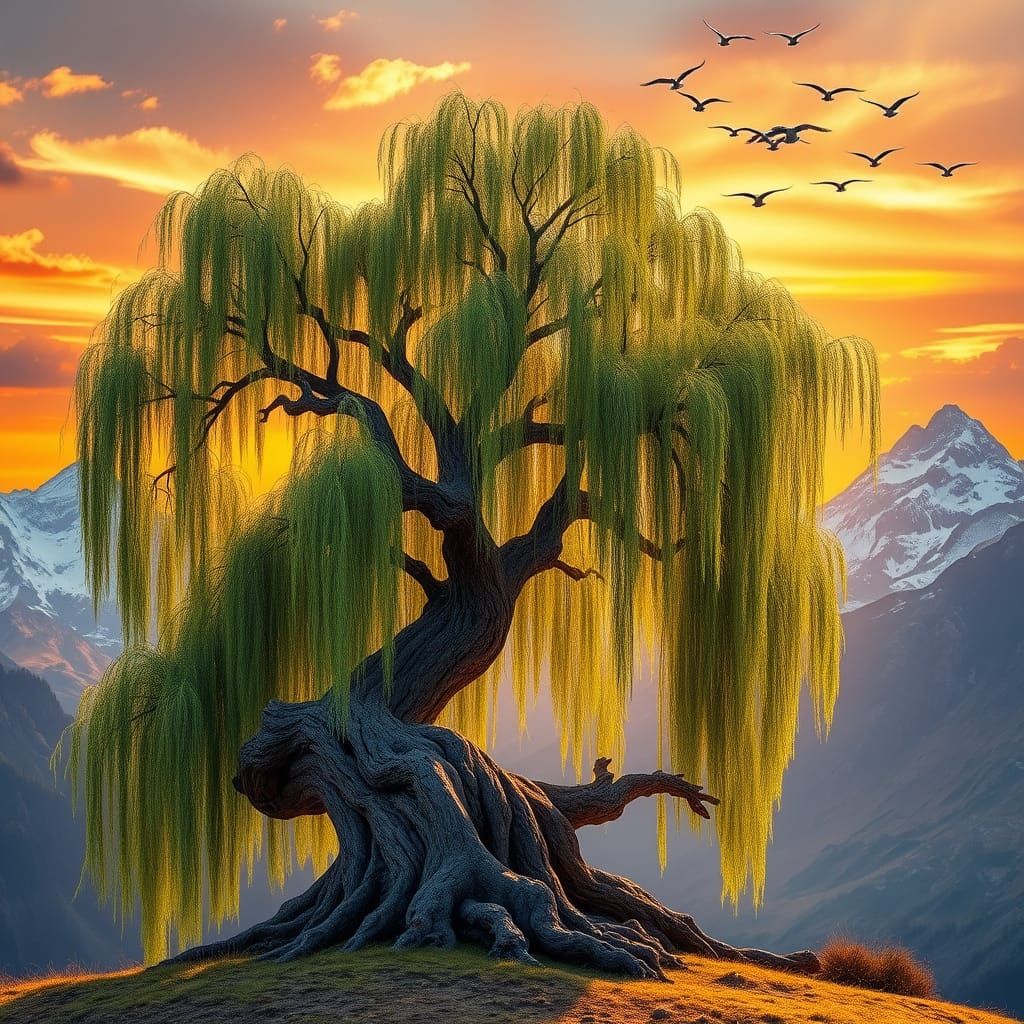 Willow Tree Face at Sunset: Impressionist Landscape