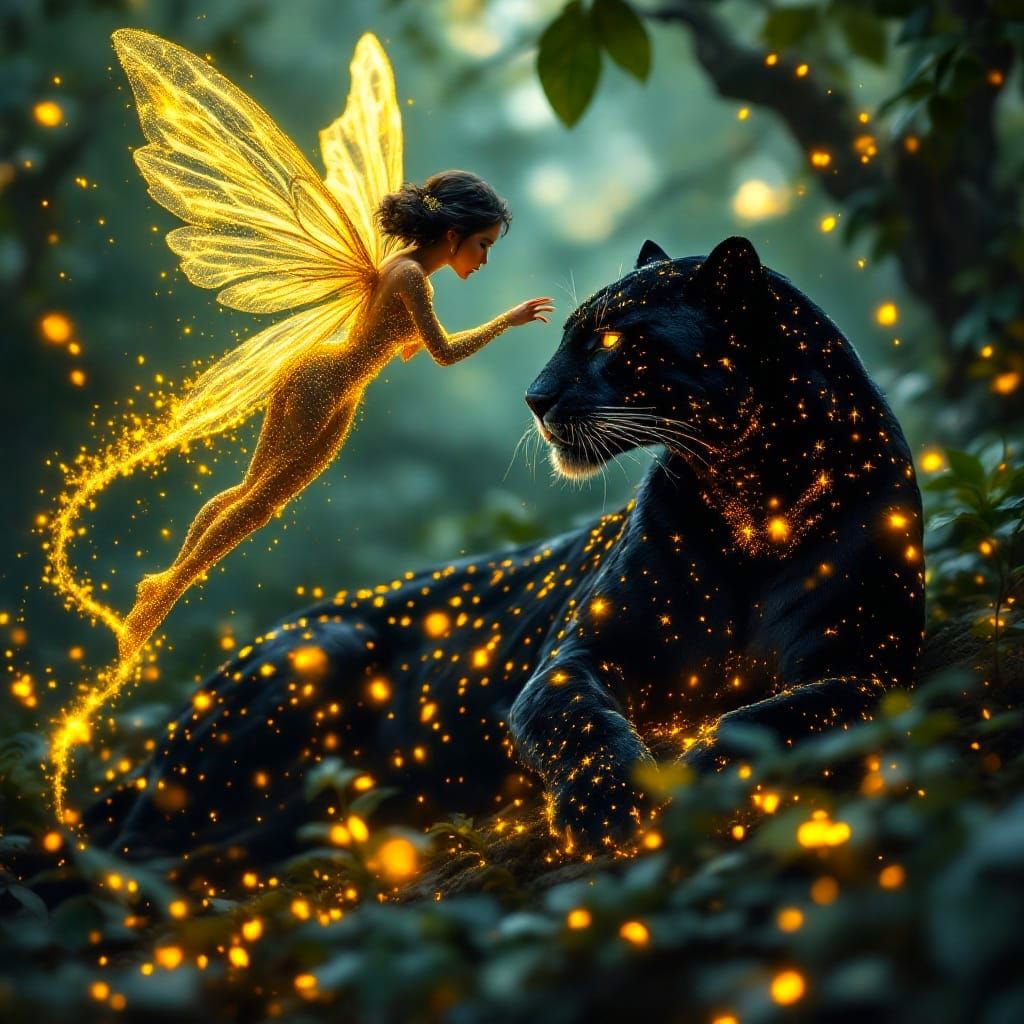Mystical Fairy and Jaguar in Luminous Jungle Realm