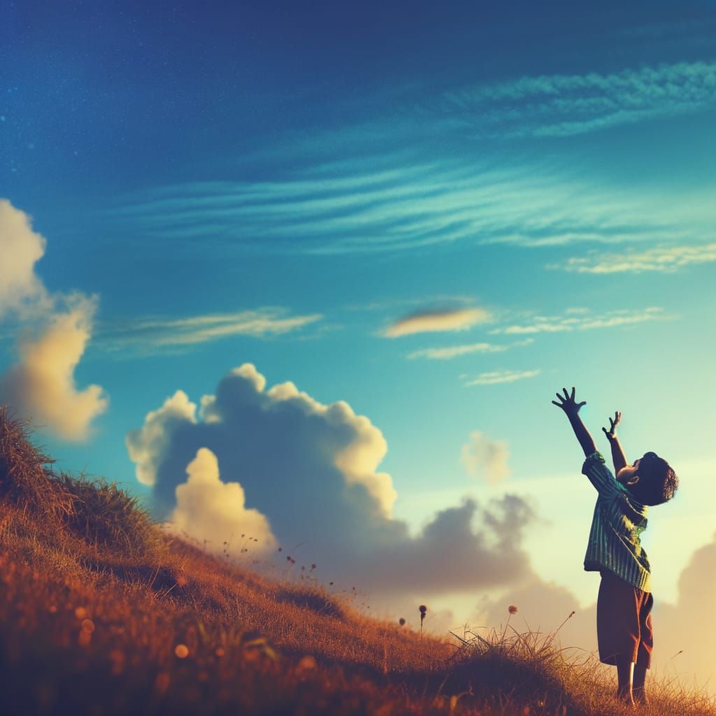 Child Reaching for the Sky on a Hill at Sunset