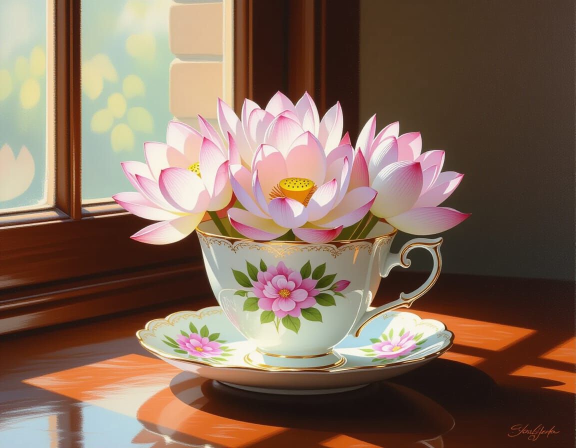 Antique Teacup with Lotus Flowers in Soft Morning Light
