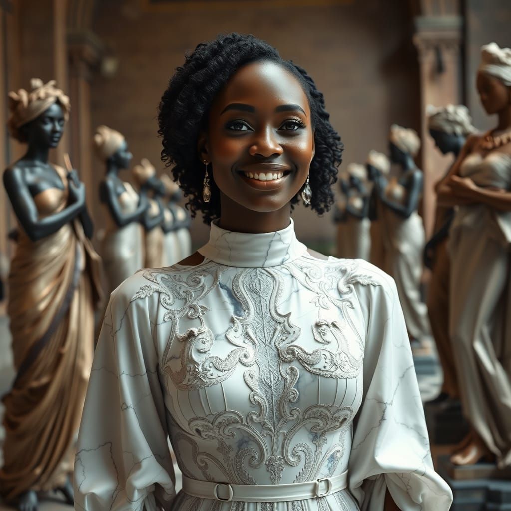 Elegant Woman in Marble Dress, Museum Setting