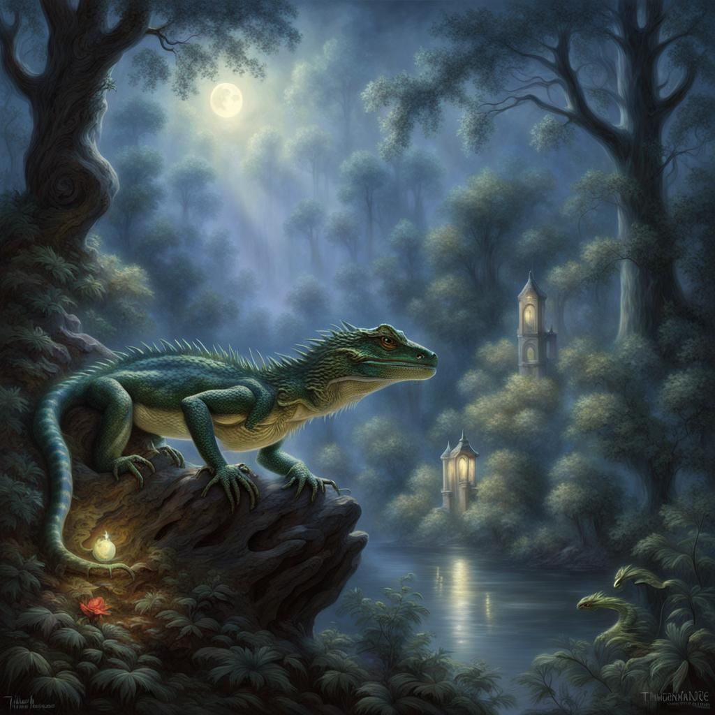 Fantasy Lizard in Moonlight Forest, Ethereal Style