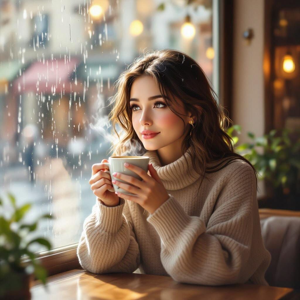 Woman Enjoys Coffee in Pleasant Cafe Weather
