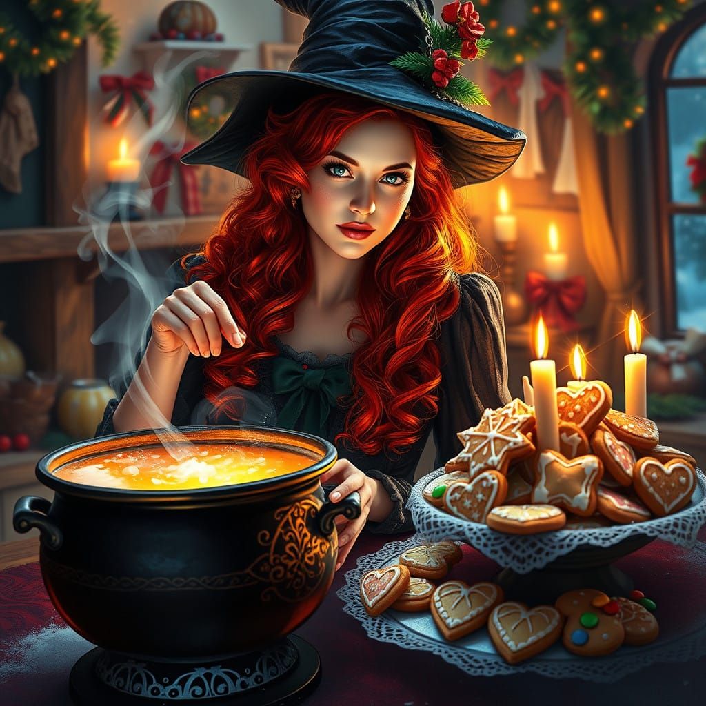 Enchanting Christmas Witch in Oil Painting Style