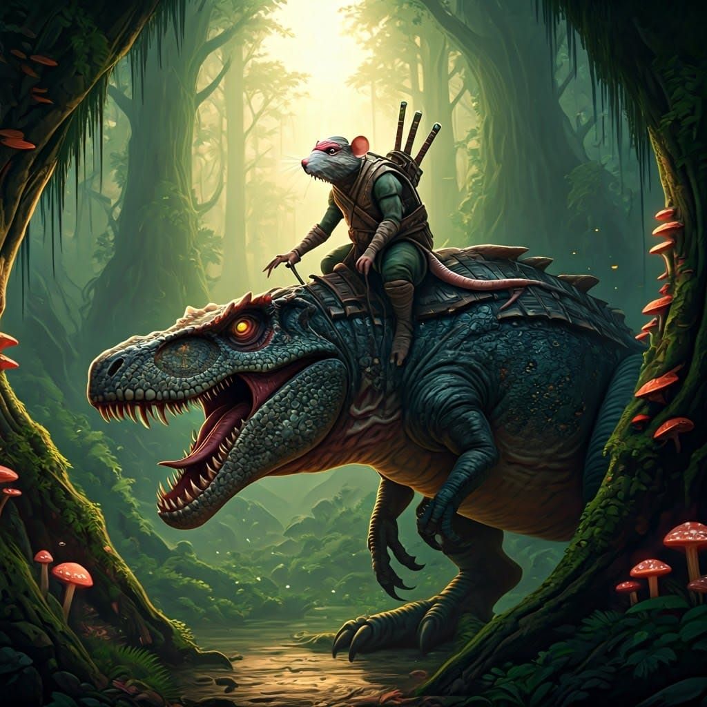 Wise Ninja Rat on Reptile Dinosaur in Ancient Forest