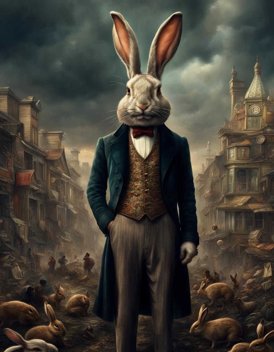 Man with Rabbit Head in Vintage Suit