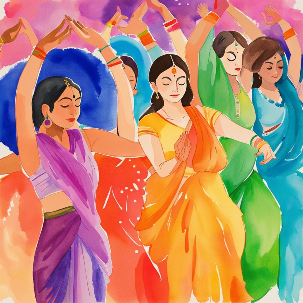 Indian Women Doing Yoga in Watercolor Style