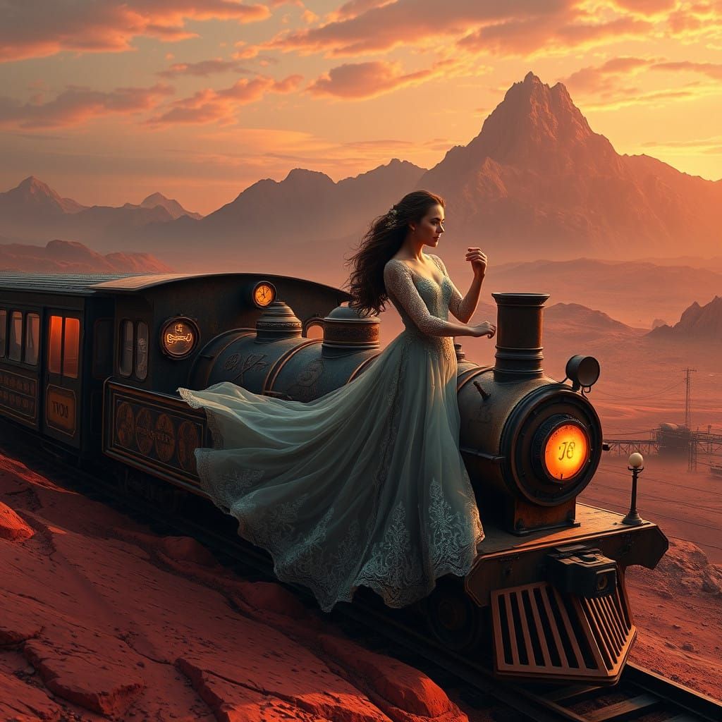 Elegant Women on a Mystical Mars Train
