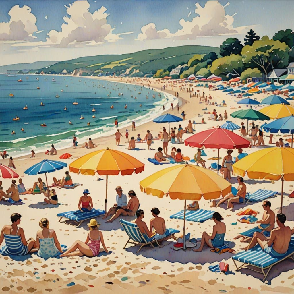 Vibrant Summer Beach Scene in Gouache Style