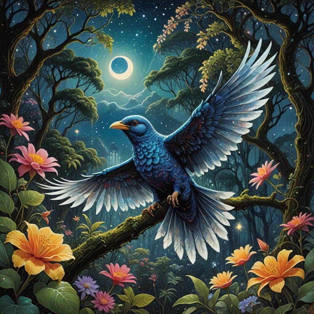 Ethereal Spirit Bird in a Celestial Jungle Oasis