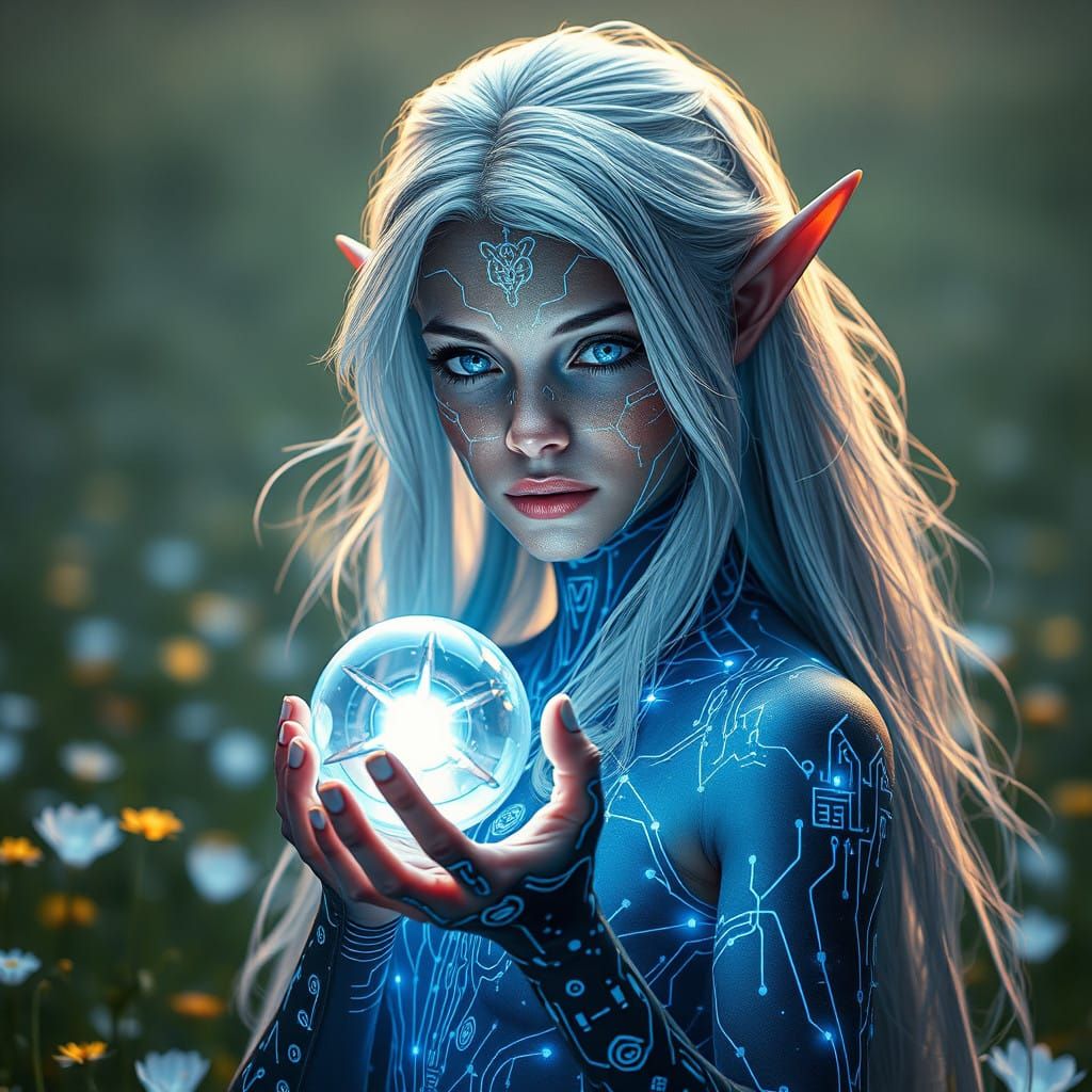 Ethereal Techno-Elf Goddess Embodies Balance Amidst Nature a...