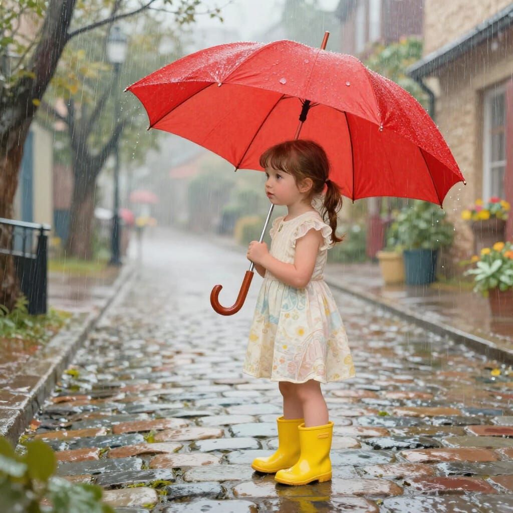 Girl Hiding From Rain Under Colorful Umbrella