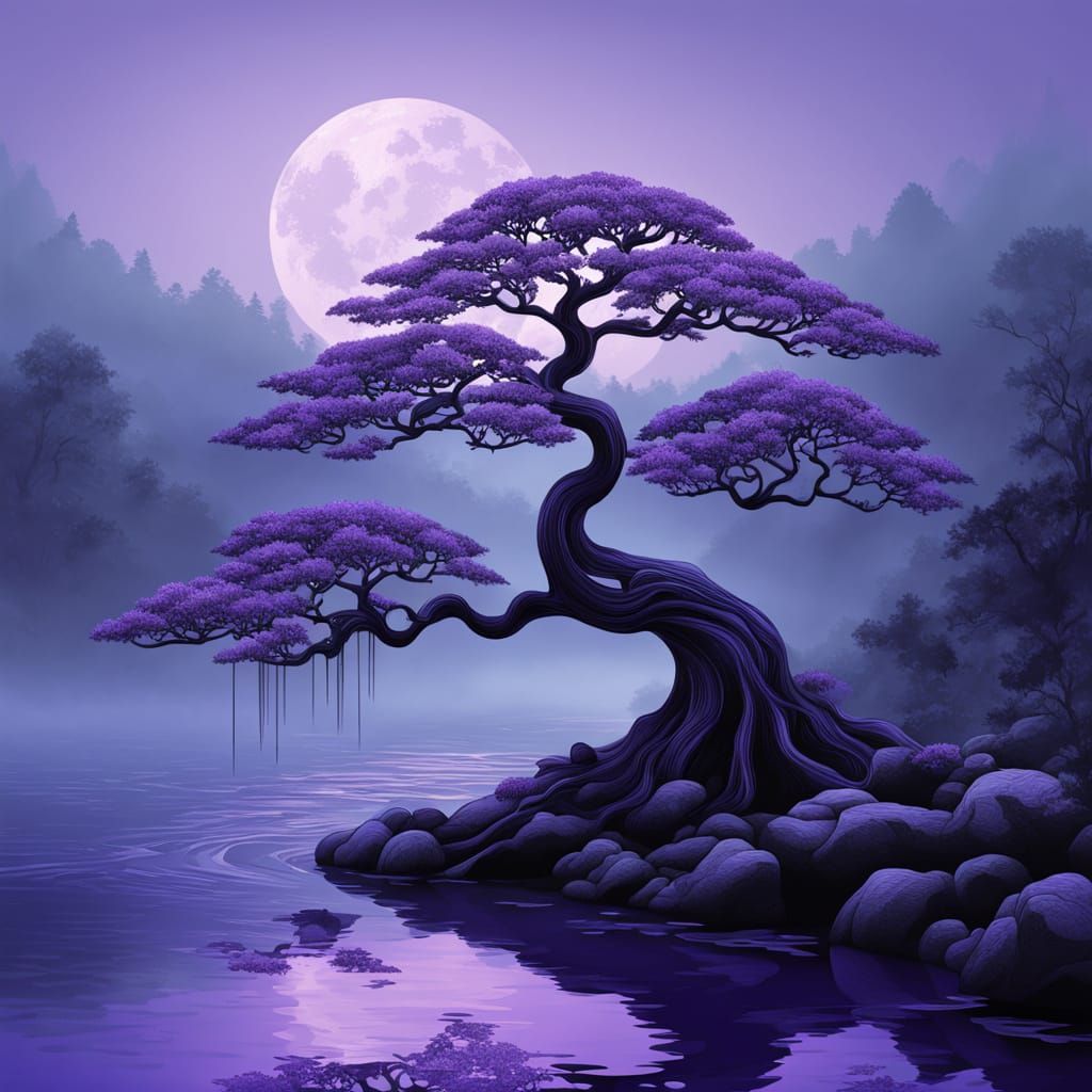 Misty Purple Bonsai by River in Zentangle Style