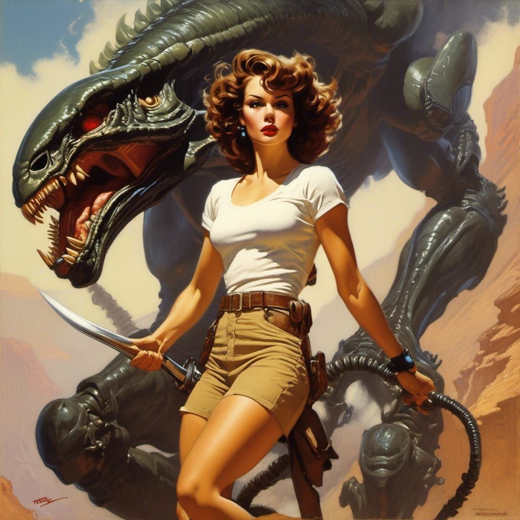 Ripley Confronts the Xenomorph in Pulp Art Style