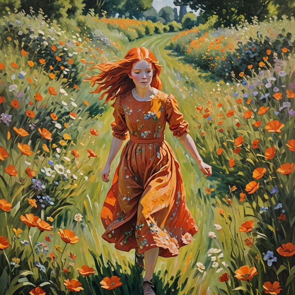 Red-Haired Girl in Flower Field: Impasto Oil Painting