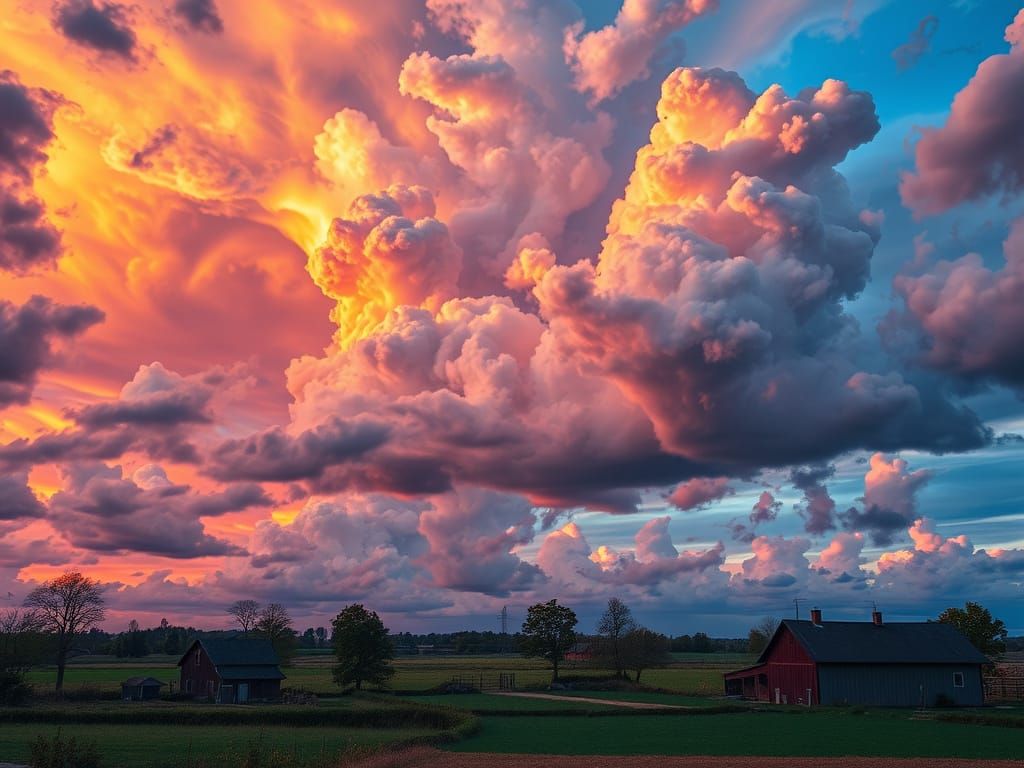 Vibrant Dream Sky with Fractal Clouds and Rural Farm Buildin...