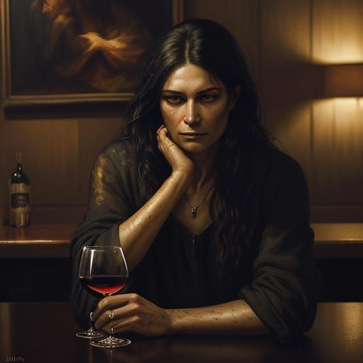 Devotional Wine Drinker in Dim Bar as Oil Painting