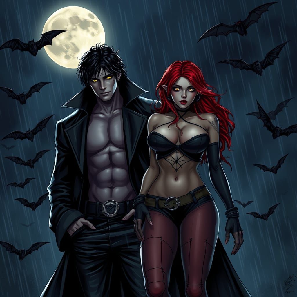 Gothic Vampire Couple in Rainy, Romantic Setting
