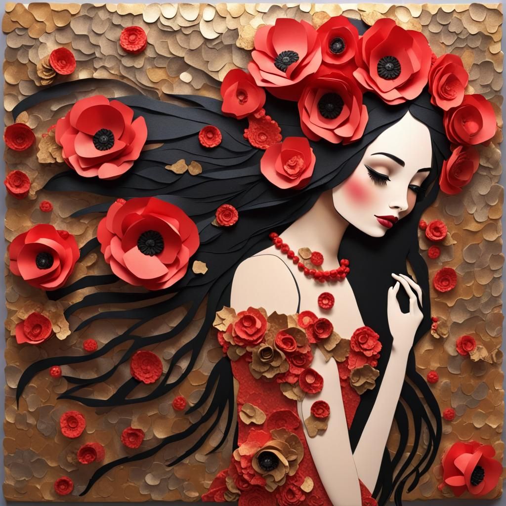 Whimsical 3D Folk Art Woman in Poppy Dress