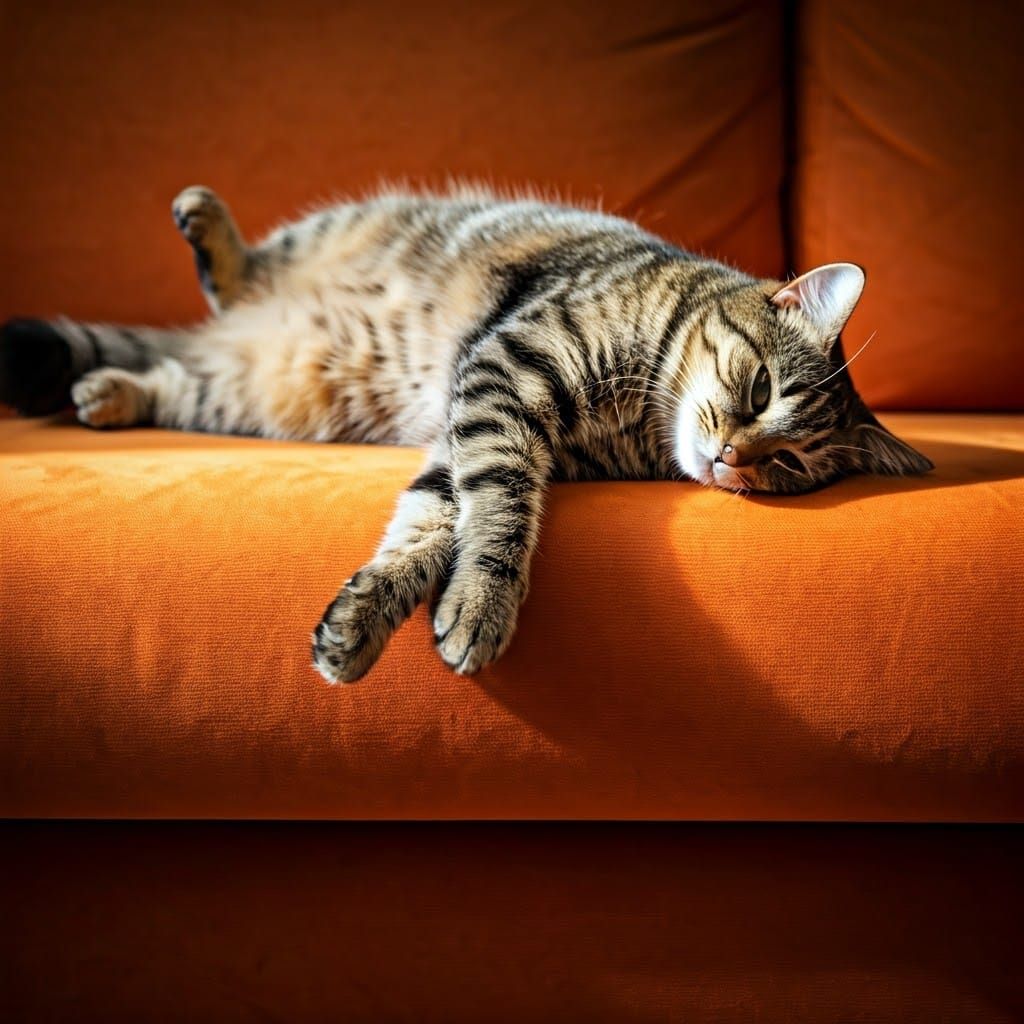 Tabby Cat Relaxing on Orange Sofa: Hyperrealistic Image