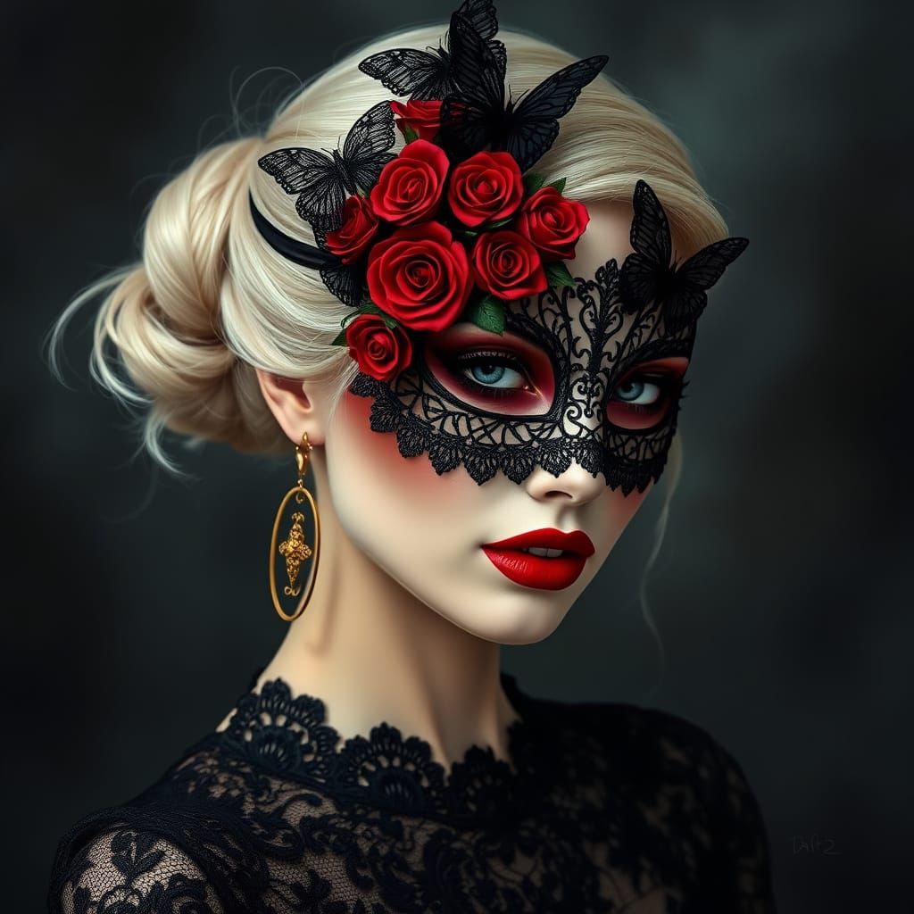 Woman in Mask with Roses and Butterflies