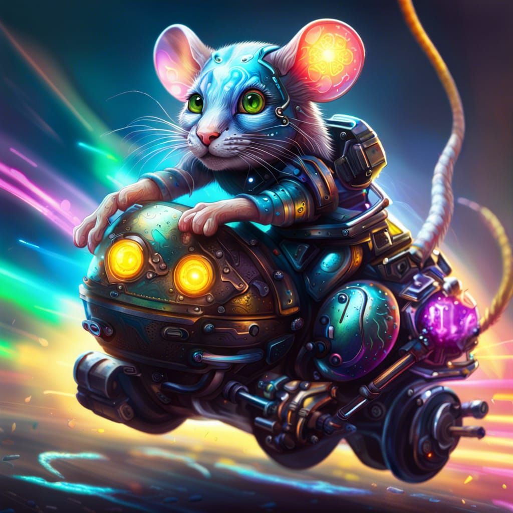 Cyborg Mouse Rides Electric Cat in Hyperrealistic Art