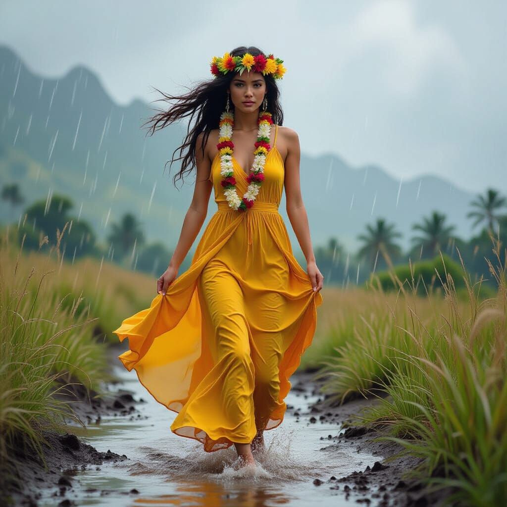 Woman in Rainstorm: Expressive Artistic Landscape