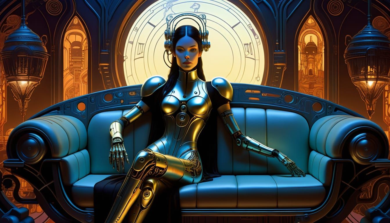 Steampunk Cyborg Woman in Art Nouveau-Inspired Setting