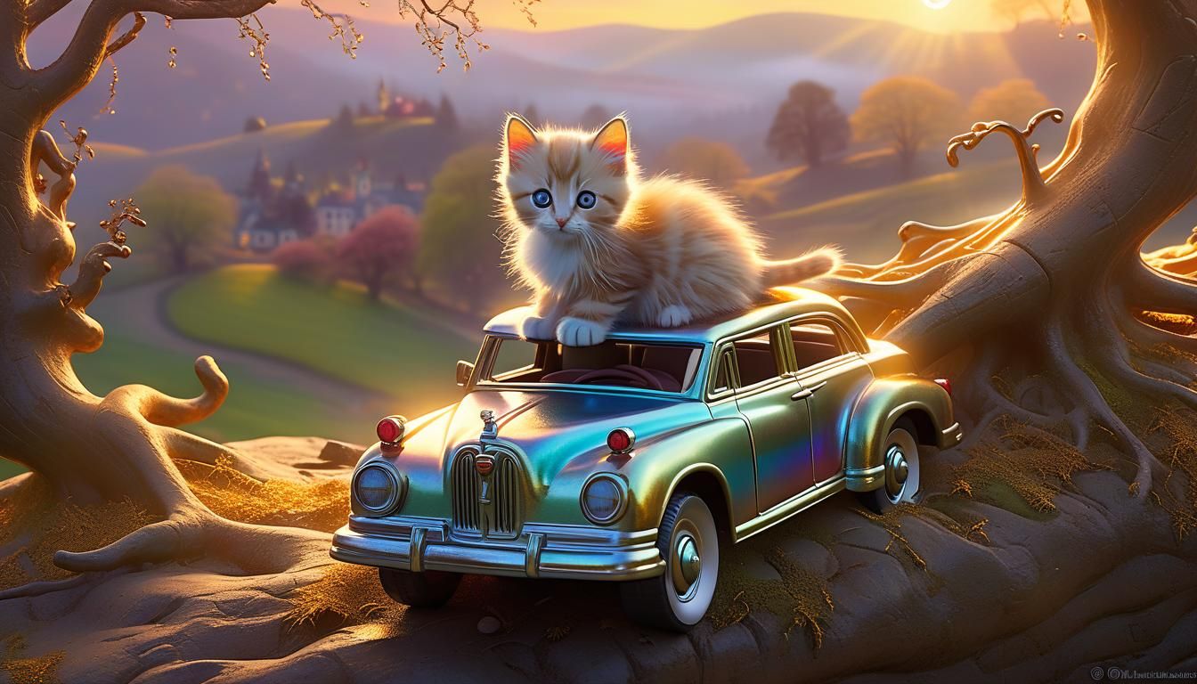 Iridescent Kitten on Toy Car in Dream Landscape