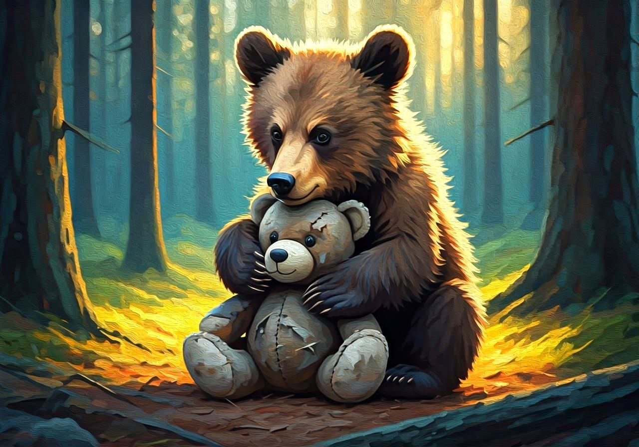 Young bear cub sleeping with a small ragged forgotten teddy ...