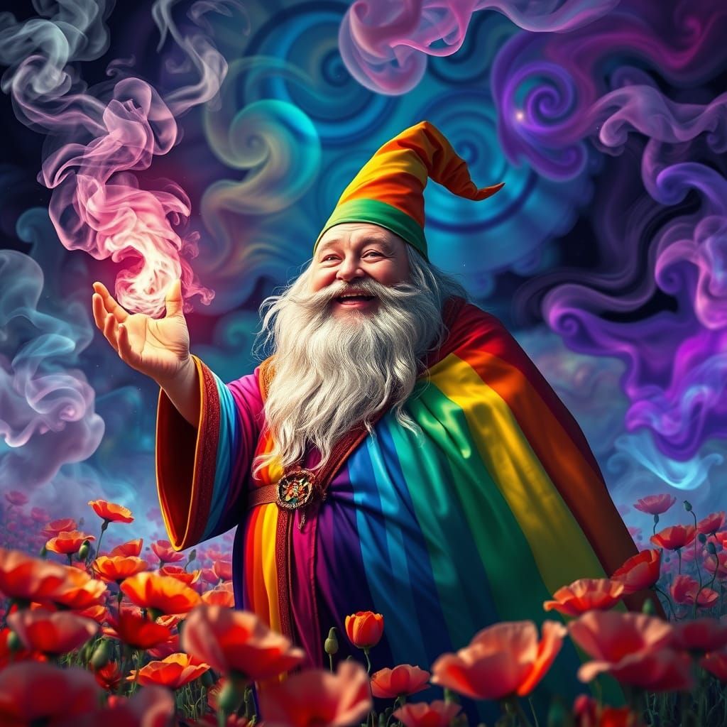 Wizard Conjuring Smoke in Poppy Field, Psychedelic Art