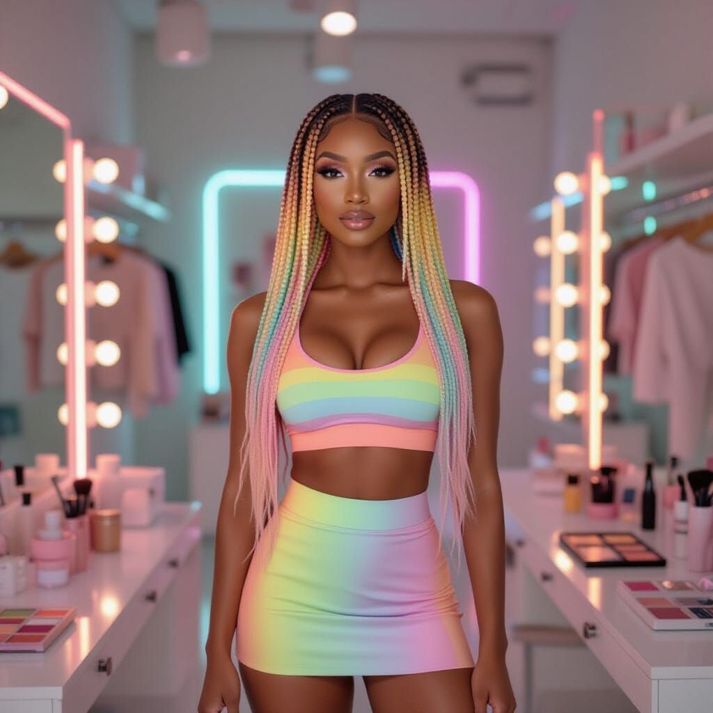 Golden-Toned Woman With Rainbow Braids in Studio