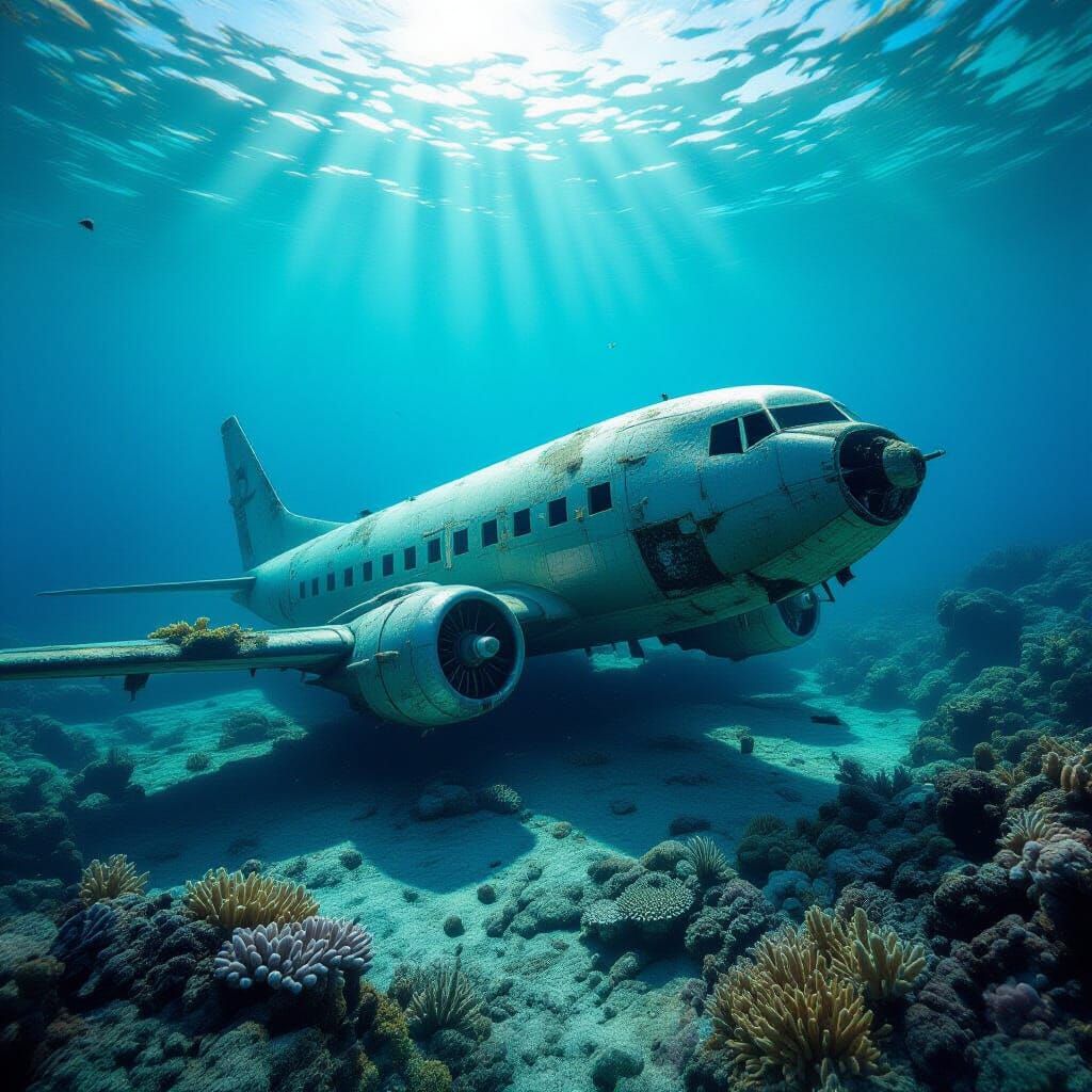 Sunken Airplane on Ocean Floor with Coral Reefs