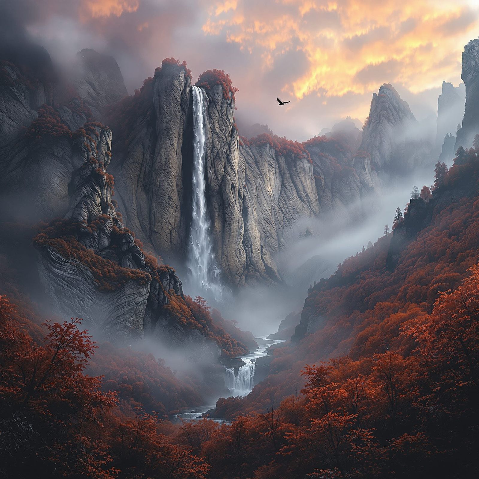 Surreal Autumn Waterfall in Beksiński Style