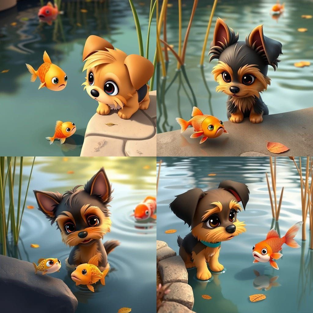 Cute Yorkie Consoles Sad Koi in Vibrant Cartoon Style