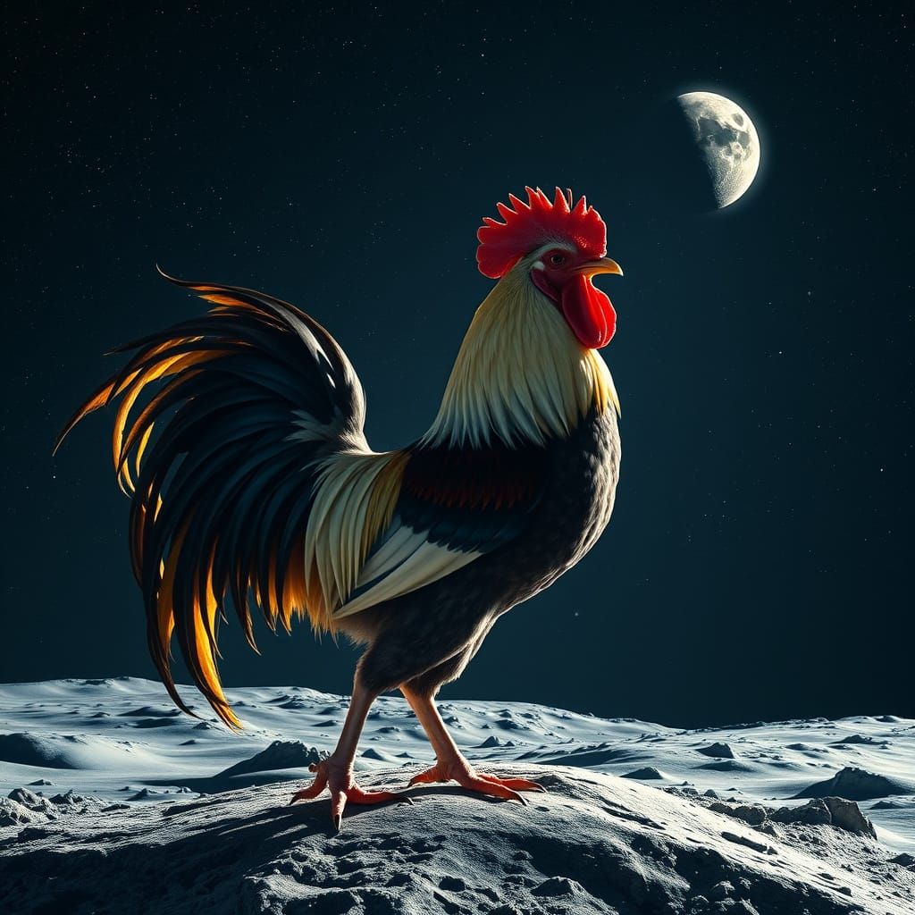 Moonlit Rooster Awakens, Earth Glows in the Sky