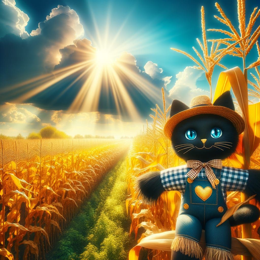 Charming Scarecrow Cat in Golden Cornfield