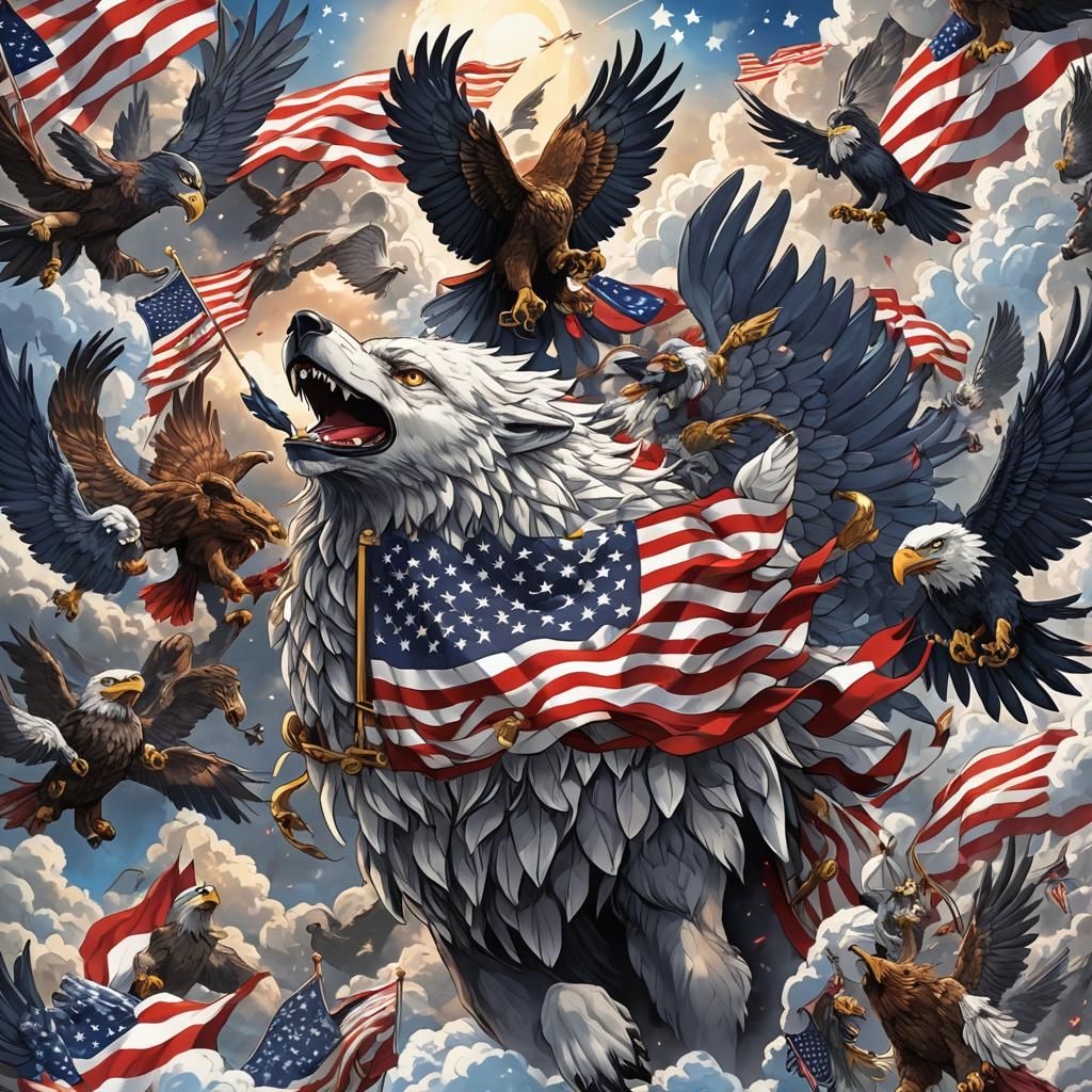 Patriotic Wolf and Eagle in Anime Style