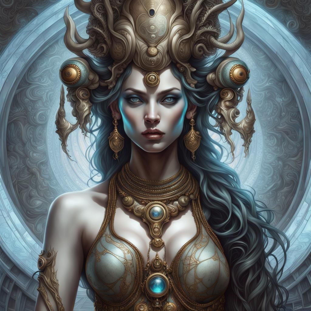 Divine Goddess Portrait with Cosmic Fractal Background