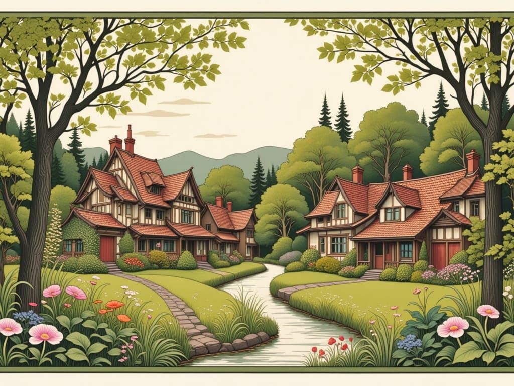 Whimsical Spring Village in Delicate Illustration Style