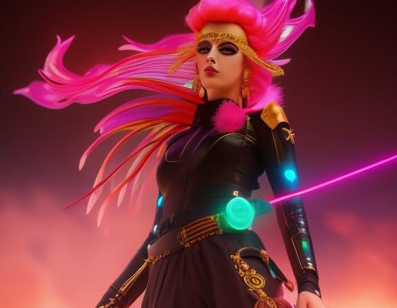 Neon-Ink Anime Mage Goddess in Punk Style