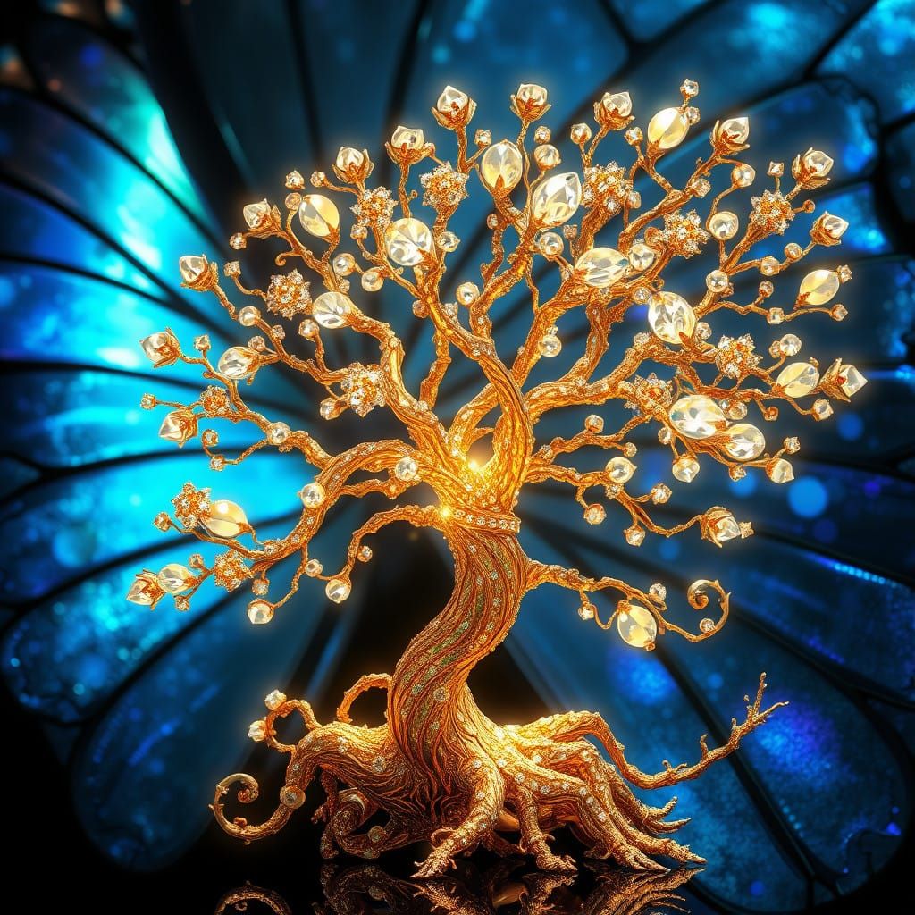 Golden Tree in Iridescent Blue, Artistic, Metallic Filigree