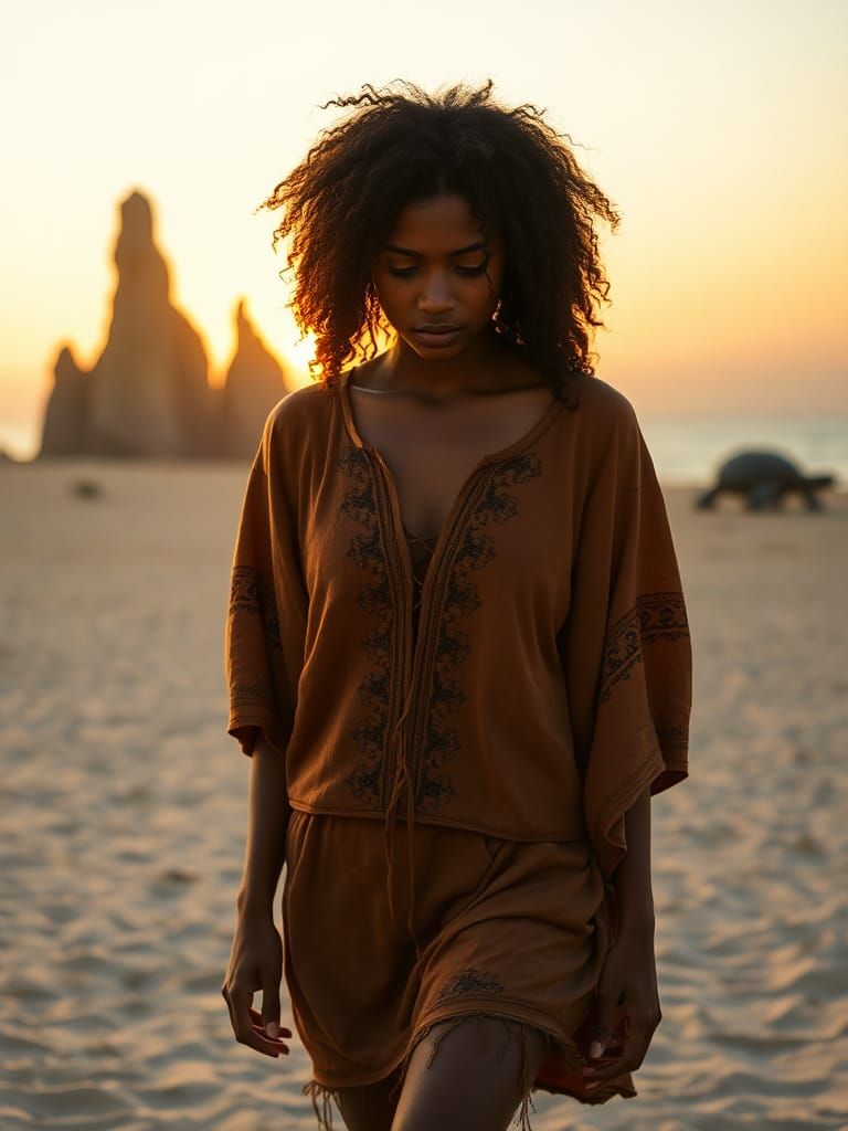 Caribbean Woman on Beach at Sunset: Cinematic Film Still
