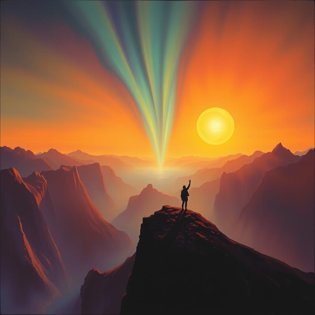 Ethereal Landscape with Cosmic Vortex and Lone Figure