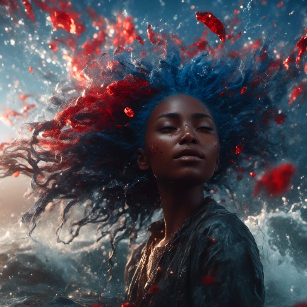 Black Girl with Blue Hair on Ocean, Digital Art
