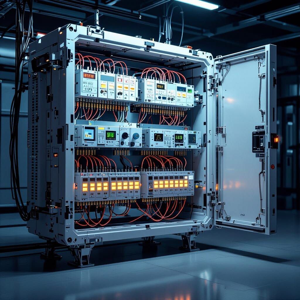 Futuristic Distribution Board with DIN Rails and Circuit Bre...