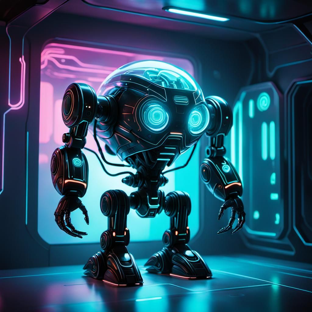 Bioluminescent Robot Toy in Sci-Fi Room
