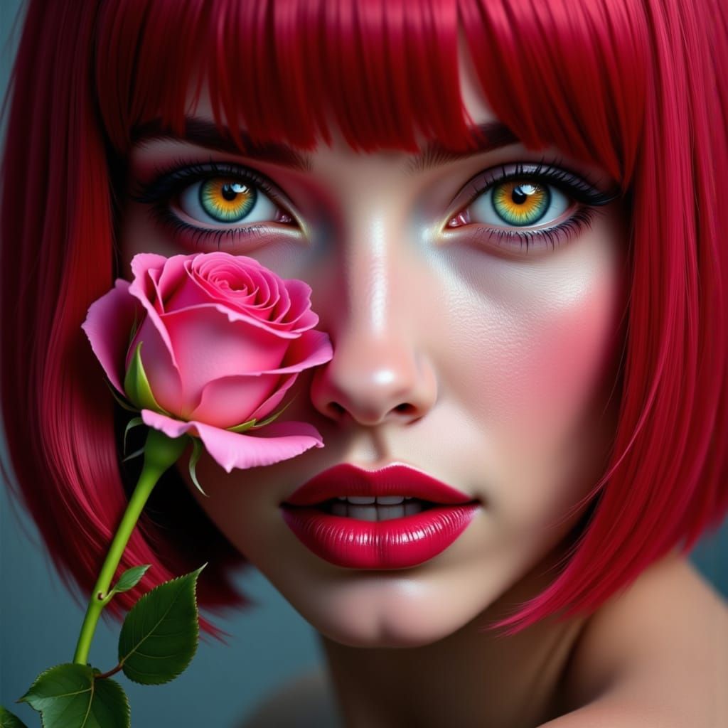 Hyperrealistic Portrait With Pink Rose and Crimson Hair