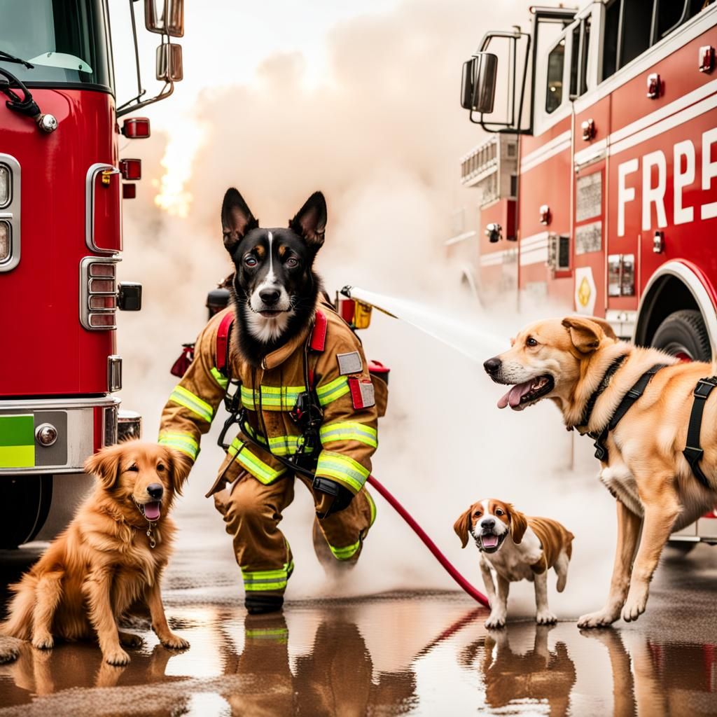 Firefighter Dog Extinguishing Fire with Hose